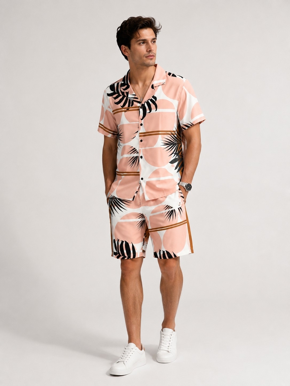 🆕Men’s Tropical Matching Set Shirt & Shorts Pink Black Palm Print Resort Summer